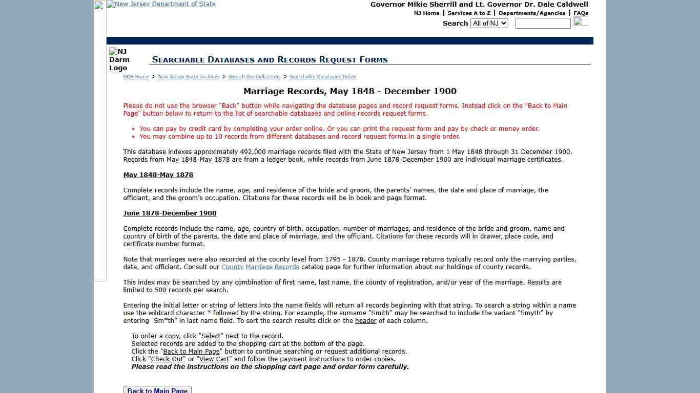 New Jersey State Archives: Index to Marriage Records, May 1848 - December 1900