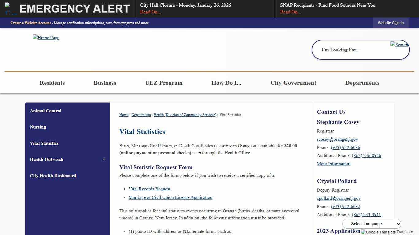 Vital Statistics Orange City Township, NJ